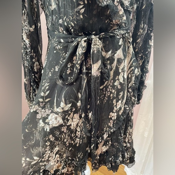 Zimmermann 100% Silk A-Line Black Printed Long Sleeve Ruffle Wrap Dress - Picture 5 of 10